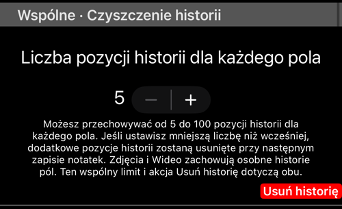Wspólne czyszczenie historii: liczba pozycji trzymanych na pole i Usuń historię