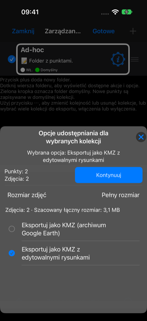 Wybrana kolekcja do eksportu KMZ z edytowalnymi rysunkami