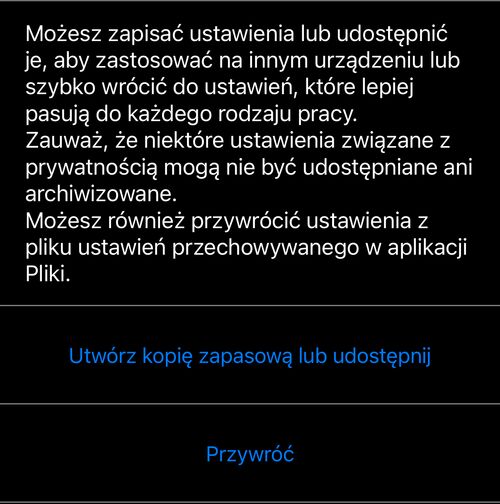 Zarządzaj ustawieniami aplikacji: objaśnienie, a pod nim „Utwórz kopię zapasową lub udostępnij” i „Przywróć”