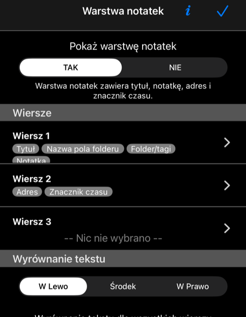 Bieżące ustawienia warstwy notatek ze znacznikiem czasu w wierszu 2