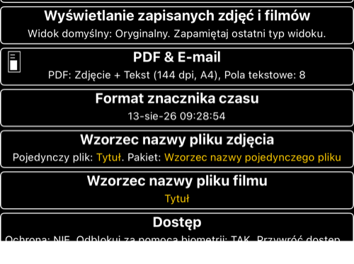 Bieżące wiersze ustawień znacznika czasu i wzorców nazw plików