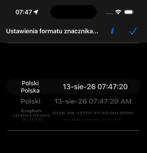 Bieżący wybór formatu znacznika czasu