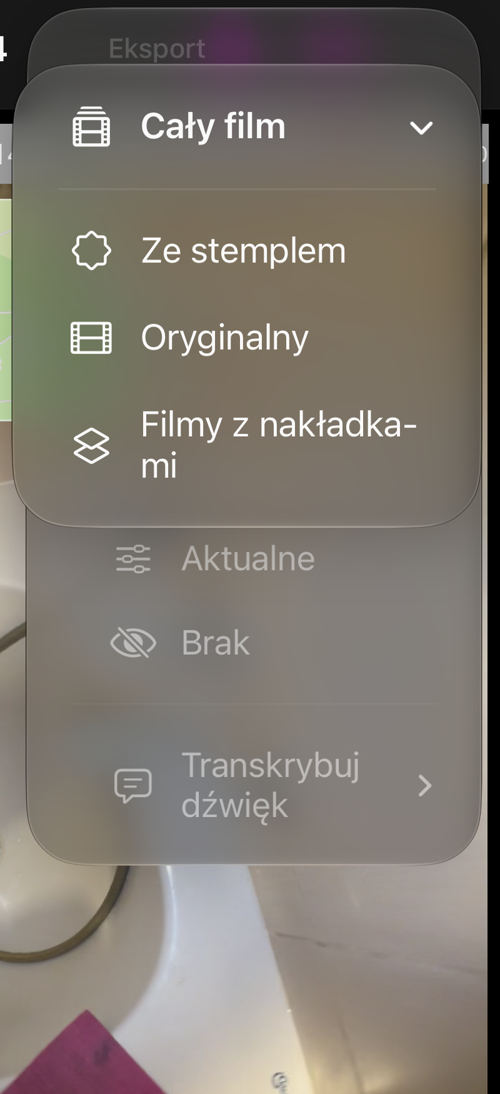 Menu „Cały film” zapisanego nagrania z pozycjami „Ze stemplem”, „Oryginalny” i „Filmy z nakładkami”
