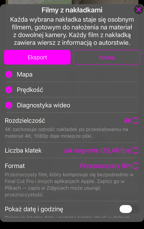 Opcje filmów z nakładkami: nakładki dostępne w tym nagraniu, wszystkie zaznaczone, oraz wiersz „Rozdzielczość”