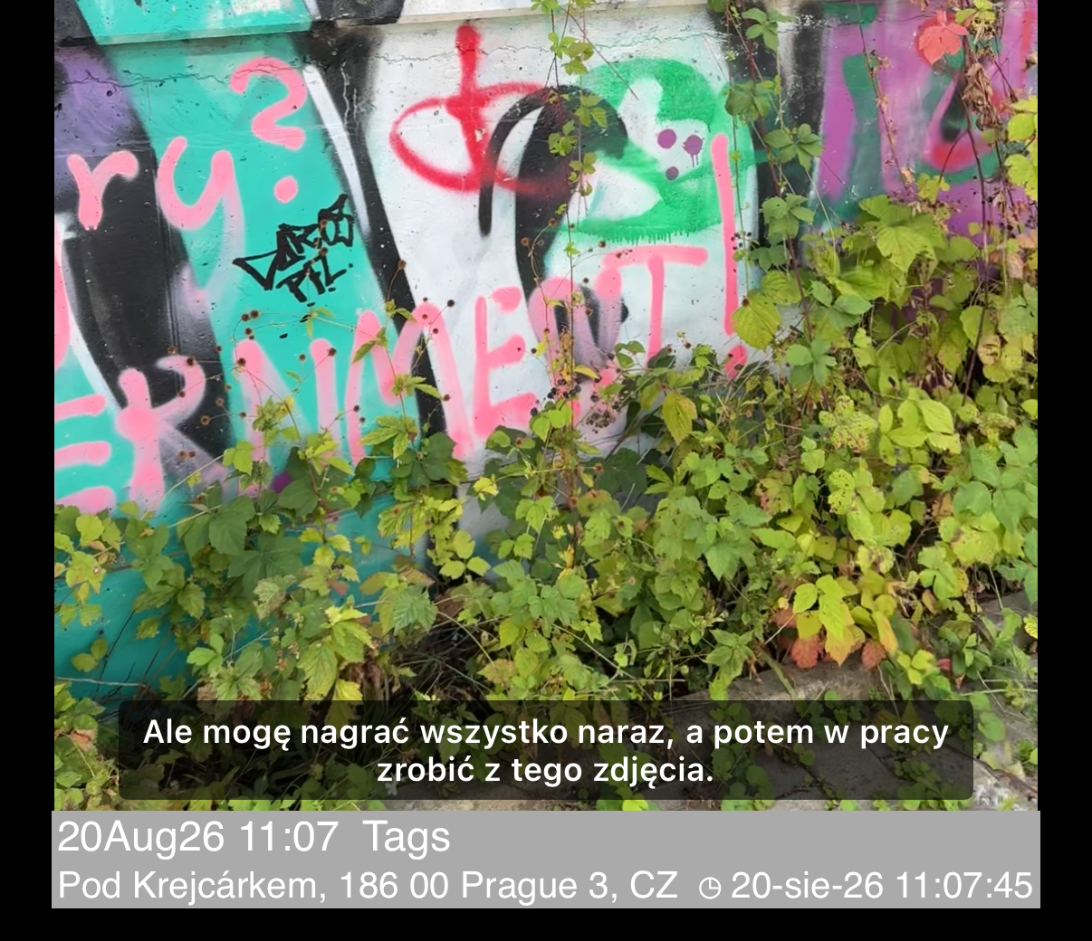 Odtwarzanie z wierszem napisów na wideo, powyżej wierszy notatek i adresu