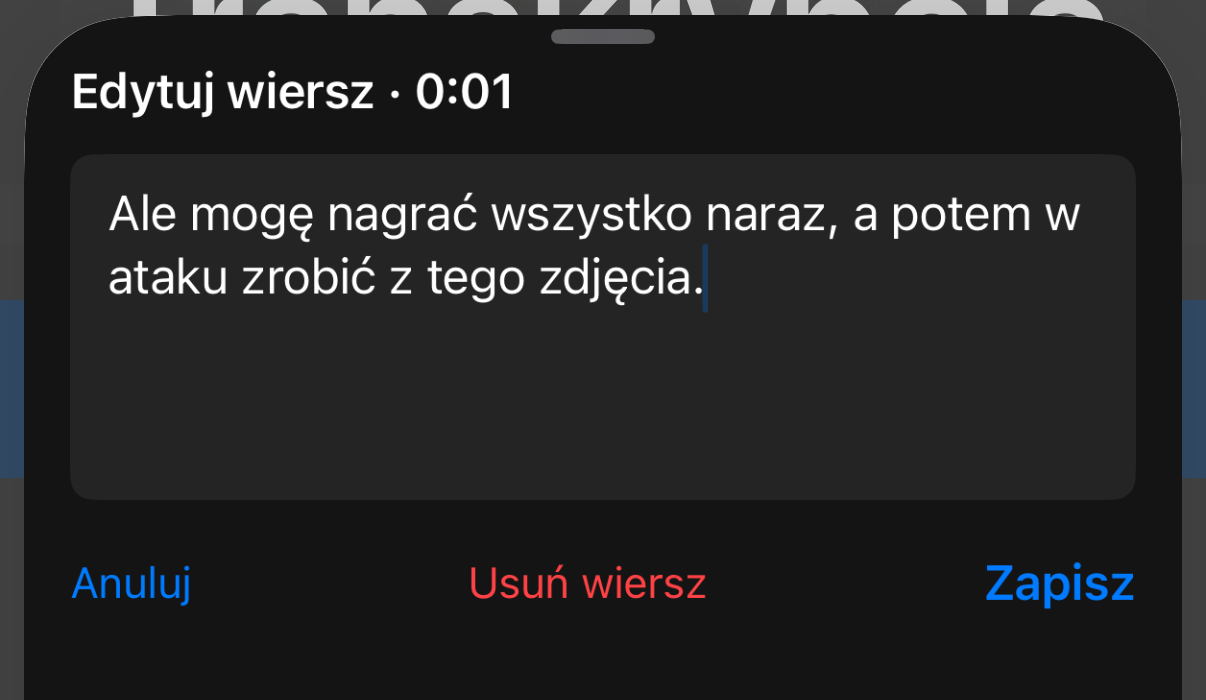 Edytor wiersza z poprawionym tekstem i akcjami Anuluj, Usuń wiersz i Zachowaj