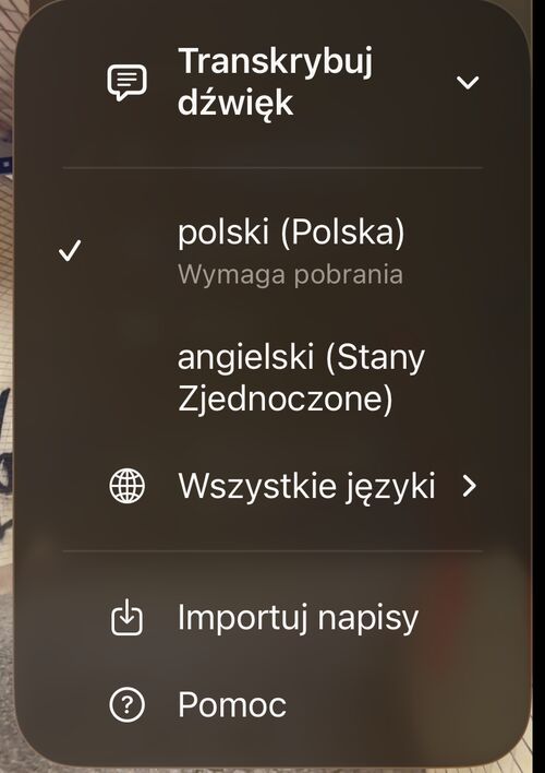 Lista języków transkrypcji zaczynająca się od własnych języków, dalej Wszystkie języki, Importuj napisy i Pomoc