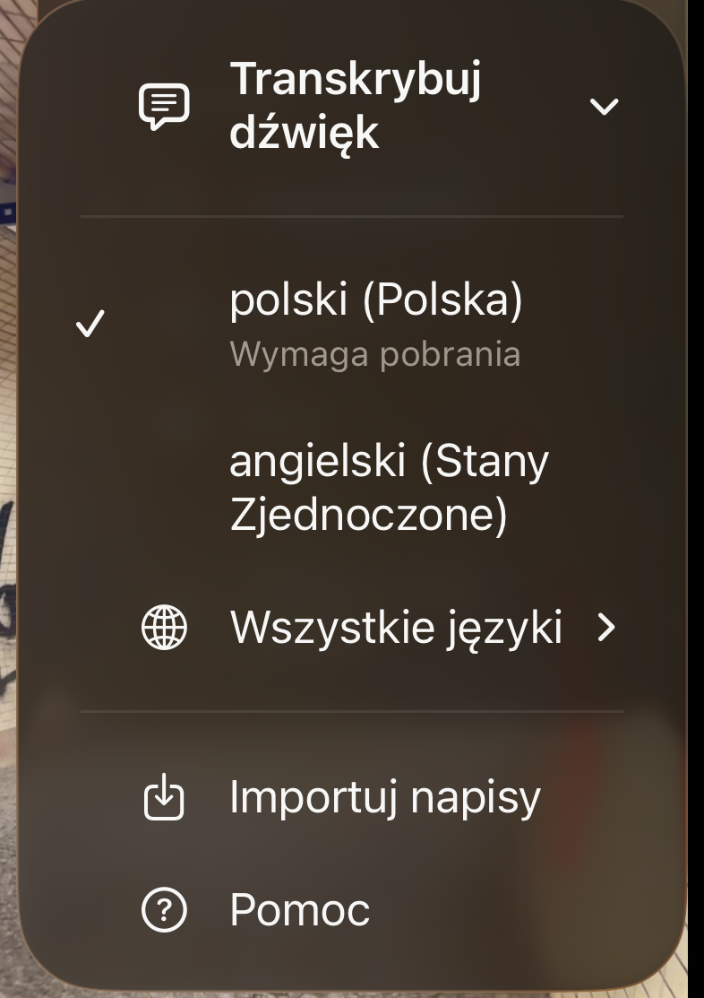Lista języków transkrypcji zaczynająca się od własnych języków, dalej Wszystkie języki, Importuj napisy i Pomoc