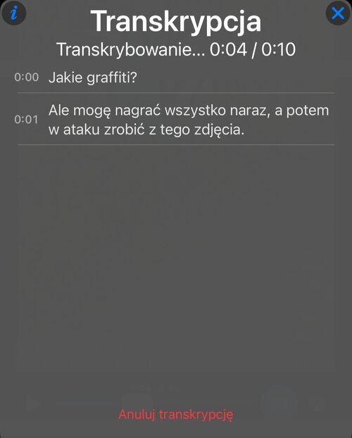 Trwająca transkrypcja: rozpoznane wiersze pojawiają się w panelu, postęp pokazany względem długości wideo, poniżej akcja Anuluj transkrypcję