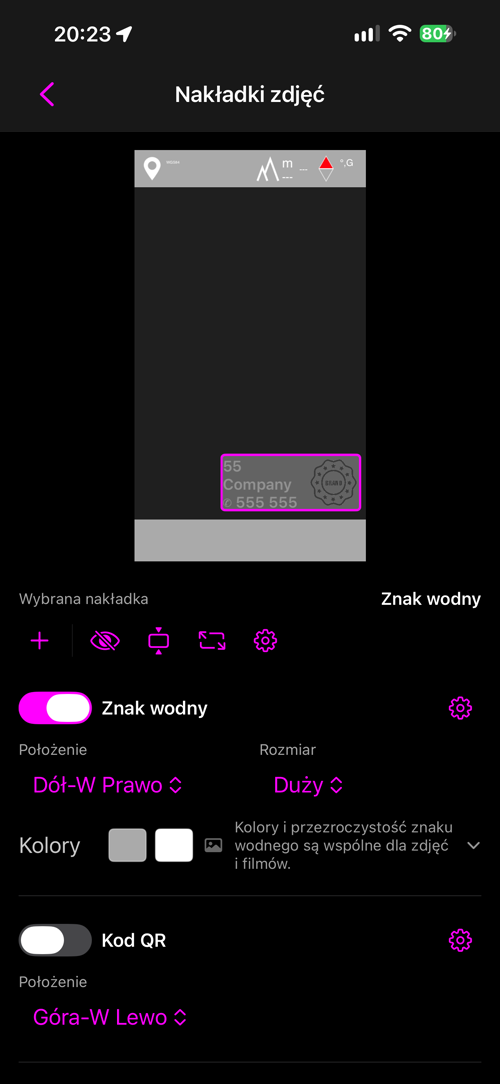 Układ nakładek dla zdjęć, znak wodny zaznaczony w kadrze