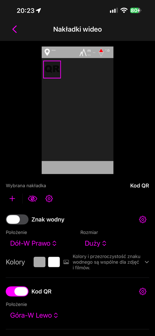 Układ nakładek dla filmu, znak wodny wyłączony, kod QR włączony