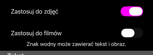 Dwa przełączniki: „Zastosuj do zdjęć” włączony, „Zastosuj do filmów” wyłączony