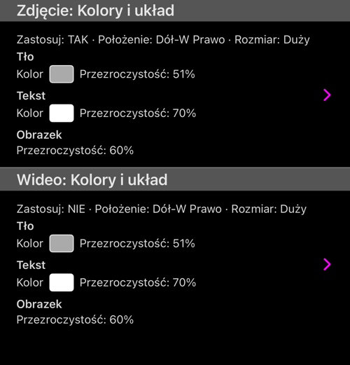 Zdjęcie i Film, każde z własnym podsumowaniem Zastosuj, Położenie i Rozmiar