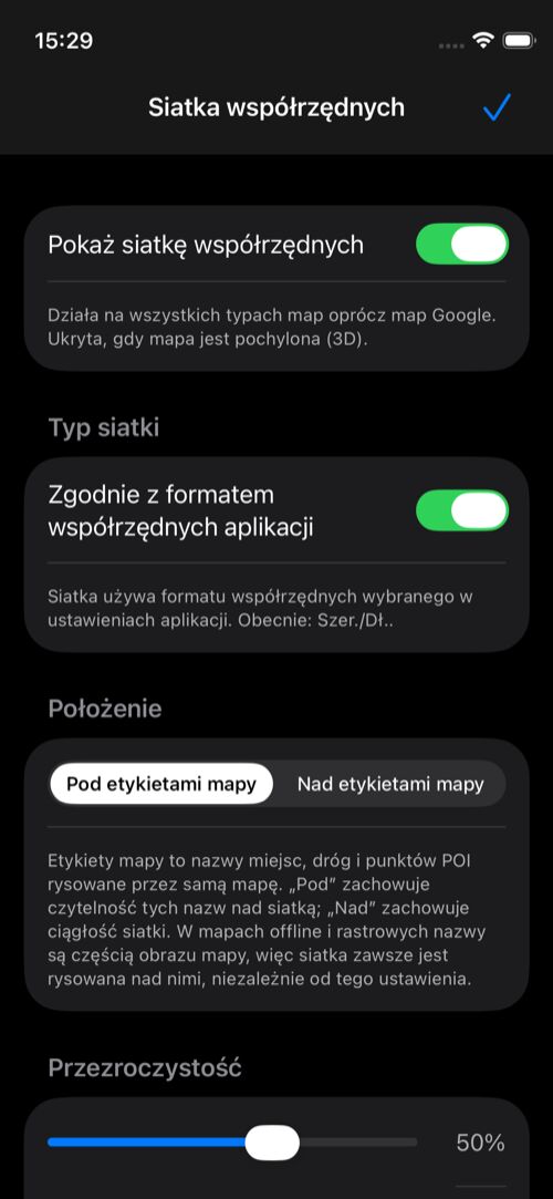 Ustawienia siatki z włączoną siatką, automatycznym formatem, pozycją etykiet i przezroczystością