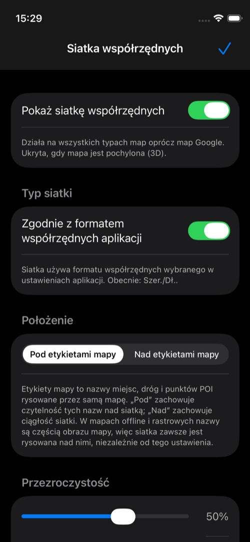 Ustawienia siatki z włączoną siatką, automatycznym formatem, pozycją etykiet i przezroczystością