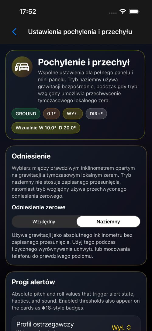 Ekran ustawień Pochylenia i przechyłu