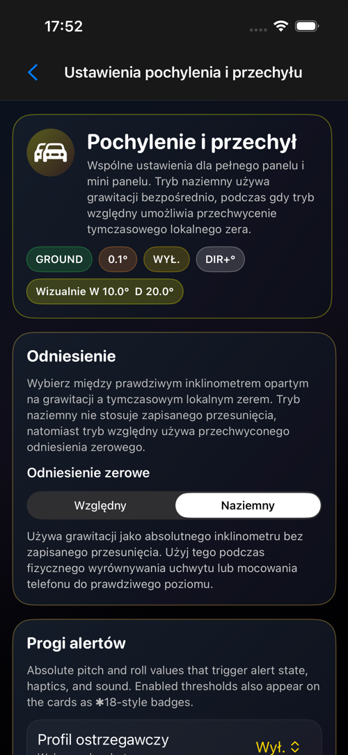 Ekran ustawień Pochylenia i przechyłu