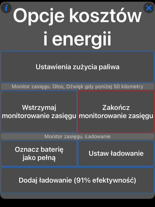 Menu akcji ładowania EV