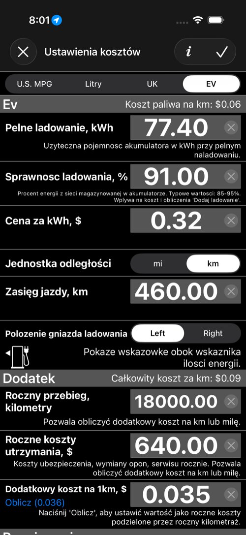 Ekran ustawień kosztów EV