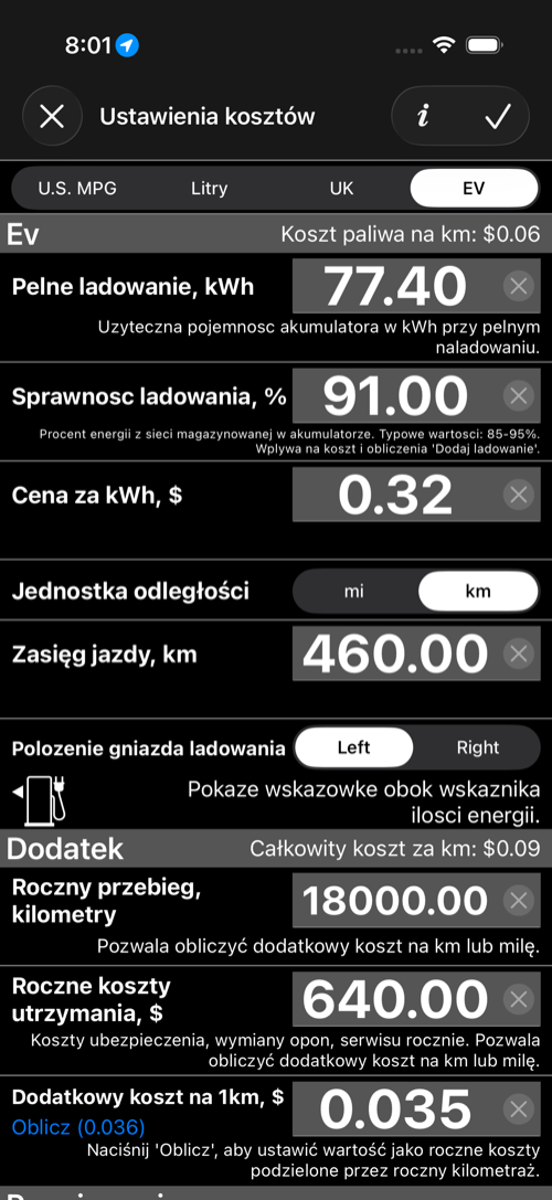 Ekran ustawień kosztów EV