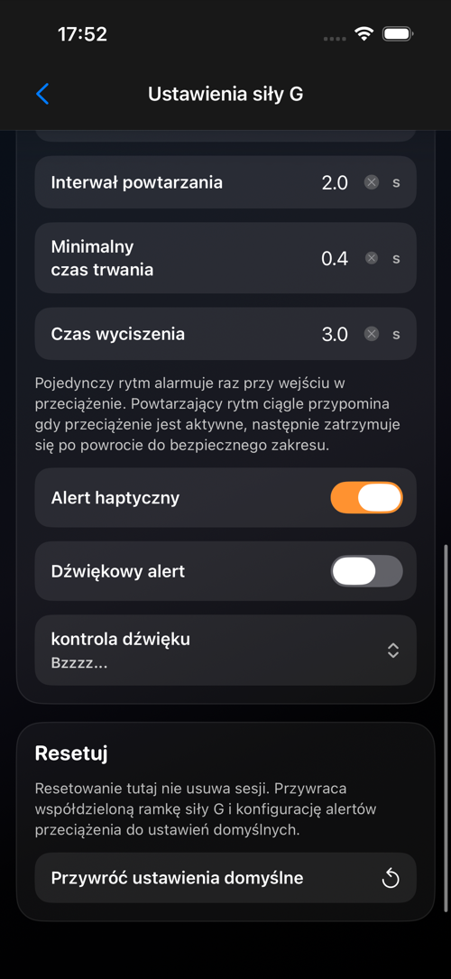 Ekran ustawień siły G