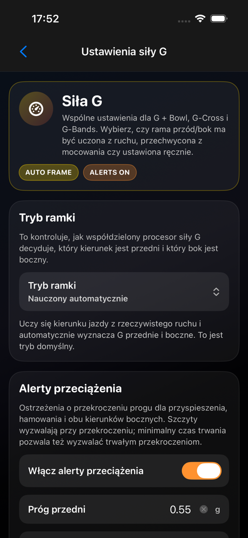 Ekran ustawień siły G