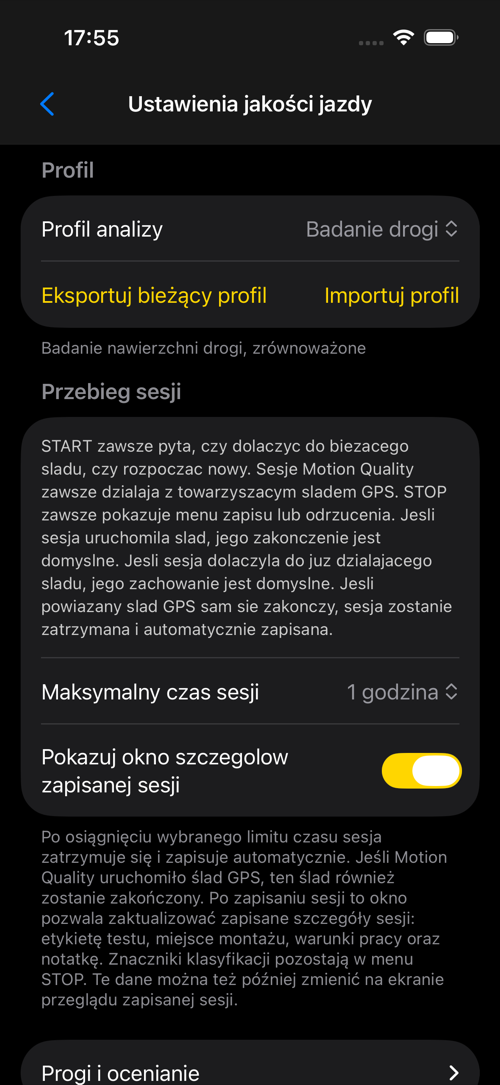 Ekran ustawień Road Survey