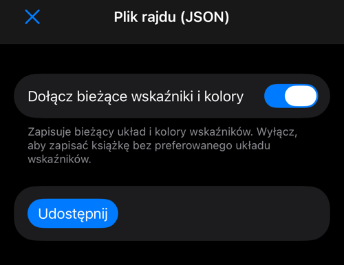 Eksport JSON z opcją wskaźników i przyciskiem udostępniania