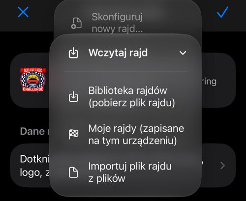 Menu wczytywania z biblioteki, zapisanych rajdów lub Plików