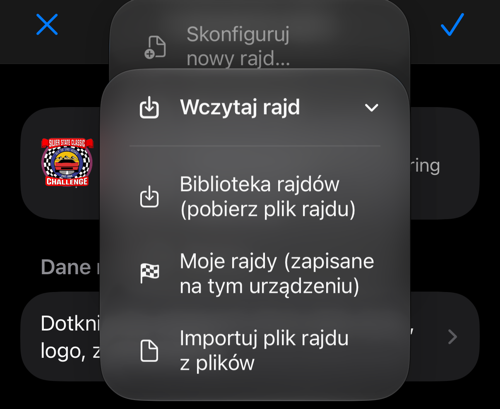 Menu wczytywania z biblioteki, zapisanych rajdów lub Plików