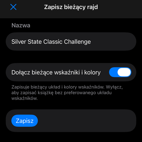 Zapis rajdu z nazwą oraz opcją wskaźników i kolorów