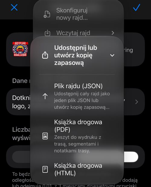Menu udostępniania w formacie JSON, PDF lub HTML