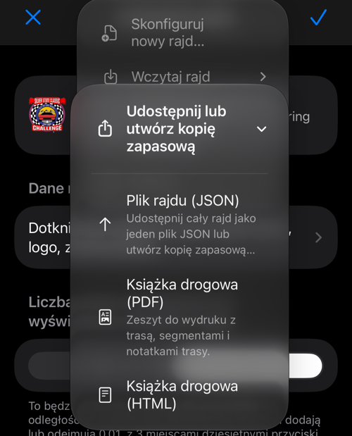 Menu udostępniania w formacie JSON, PDF lub HTML