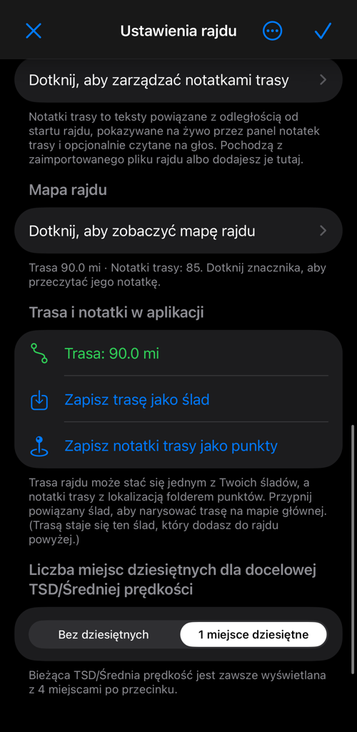 Ustawienia rajdu z długością trasy, powiązanym śladem i opcją pokazania go na mapie głównej