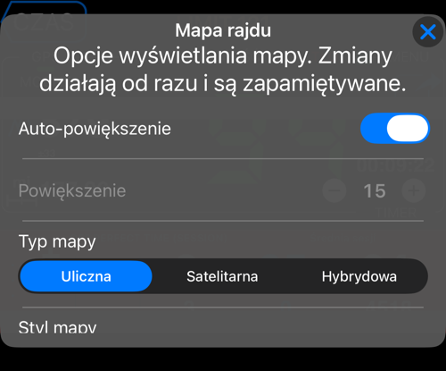 Opcje wskaźnika mapy rajdu: auto-powiększenie, powiększenie, typ mapy i styl mapy