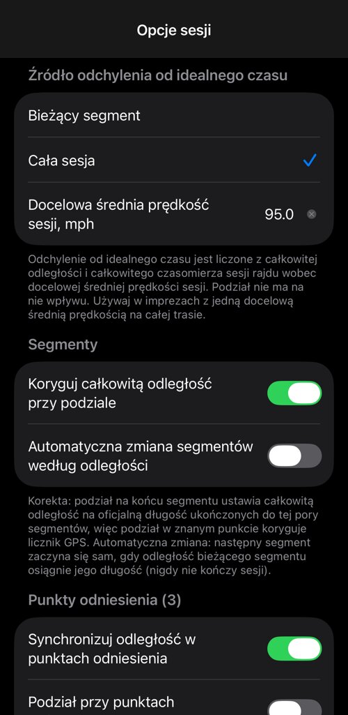 Opcje sesji: źródło różnicy czasu, zachowanie segmentów i punkty odniesienia