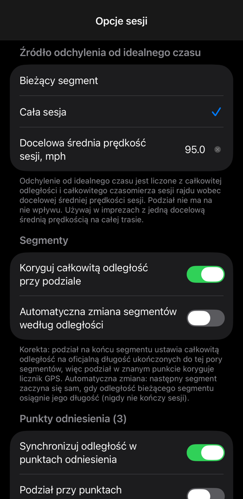 Opcje sesji: źródło różnicy czasu, zachowanie segmentów i punkty odniesienia