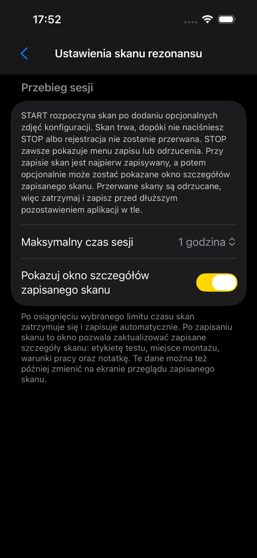 Ekran ustawień Skanu rezonansu