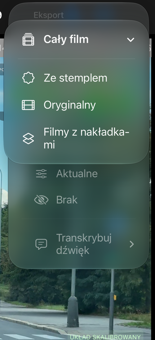 Menu „Cały film” zapisanego nagrania z pozycjami „Ze stemplem”, „Oryginalny” i „Filmy z nakładkami”