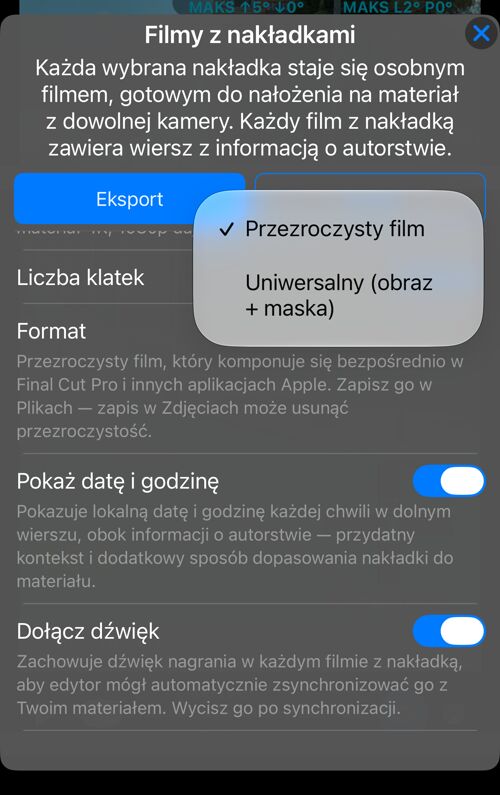 Wybór formatu: „Przezroczysty film” albo „Uniwersalny (obraz + maska)”