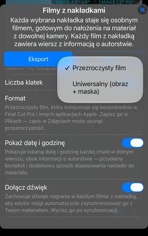Wybór formatu: „Przezroczysty film” albo „Uniwersalny (obraz + maska)”