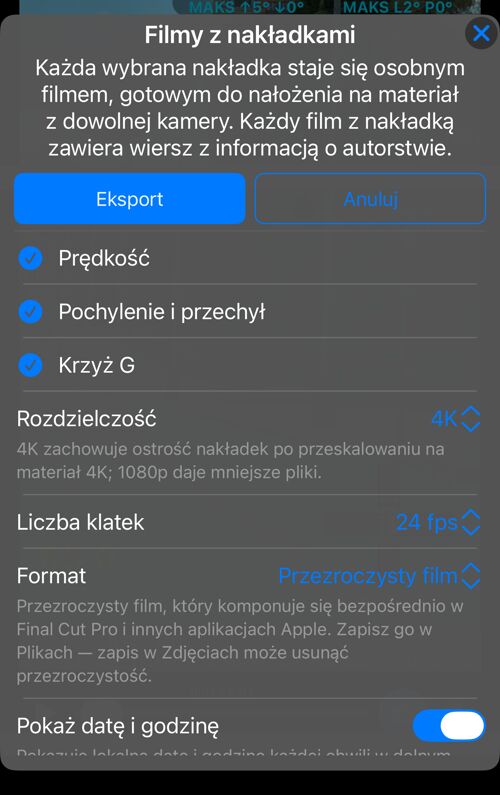 Opcje filmów z nakładkami: nakładki dostępne w tym nagraniu, wszystkie zaznaczone, oraz wiersz „Rozdzielczość”