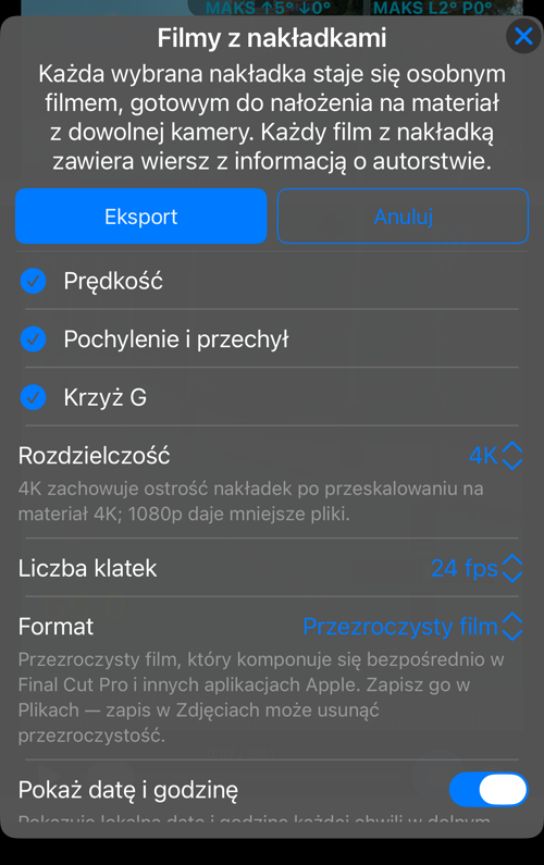 Opcje filmów z nakładkami: nakładki dostępne w tym nagraniu, wszystkie zaznaczone, oraz wiersz „Rozdzielczość”