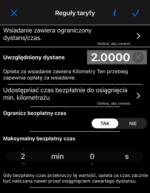 Ekran Reguły taryfy: co obejmuje taryfa, uwzględniony dystans i reguły czasu