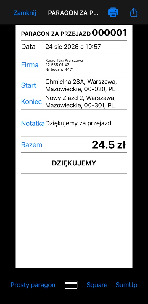 Prosty paragon taksówkowy z nagłówkiem, danymi firmy, adresami początku i końca, notatką i kwotą