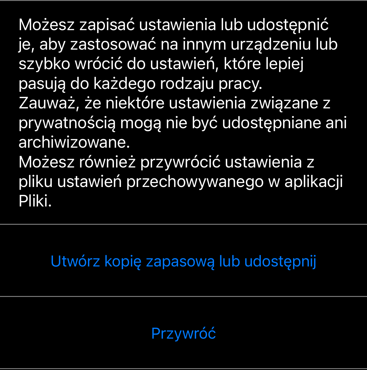 Zarządzaj ustawieniami aplikacji: objaśnienie, a pod nim „Utwórz kopię zapasową lub udostępnij” i „Przywróć”