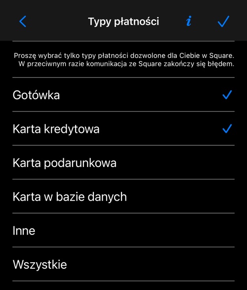 Ekran rodzajów płatności