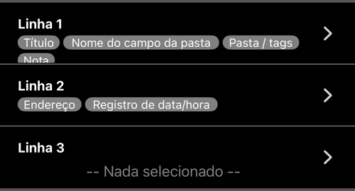 Linha 1, Linha 2 e Linha 3 com os seus campos; a Linha 3 vazia
