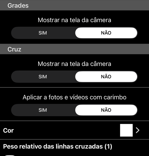 As seções Grade e Cruz: mostrar na tela da câmera, aplicar a fotos e vídeos carimbados, cor e espessura da linha
