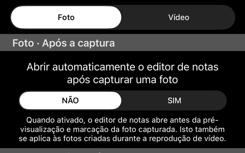 O seletor Foto/Vídeo e a seção «Após a captura» com o seu interruptor e a explicação